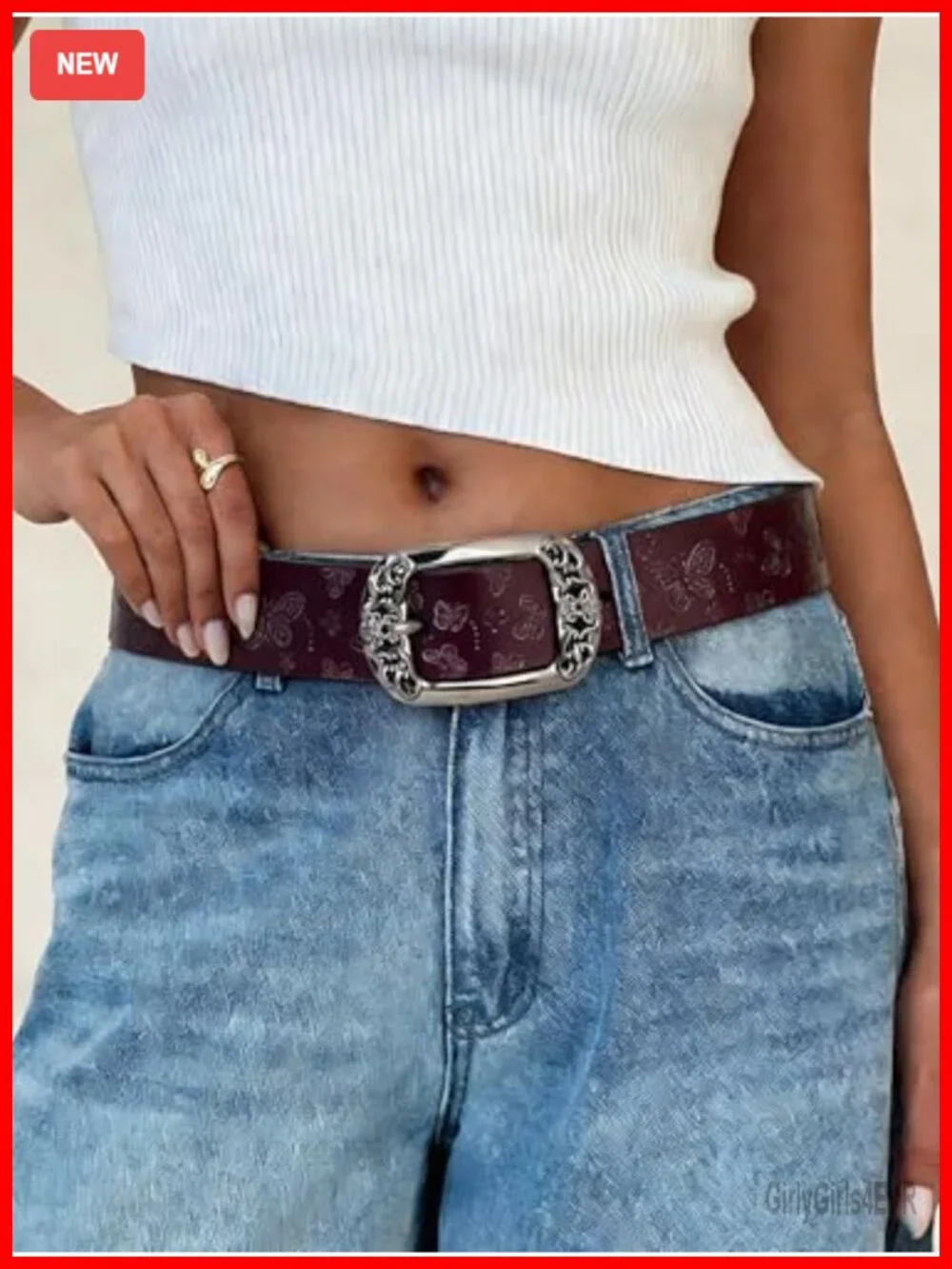 Women's Vintage Leather Belt with Hollow Floral Etched Design Large Buckle